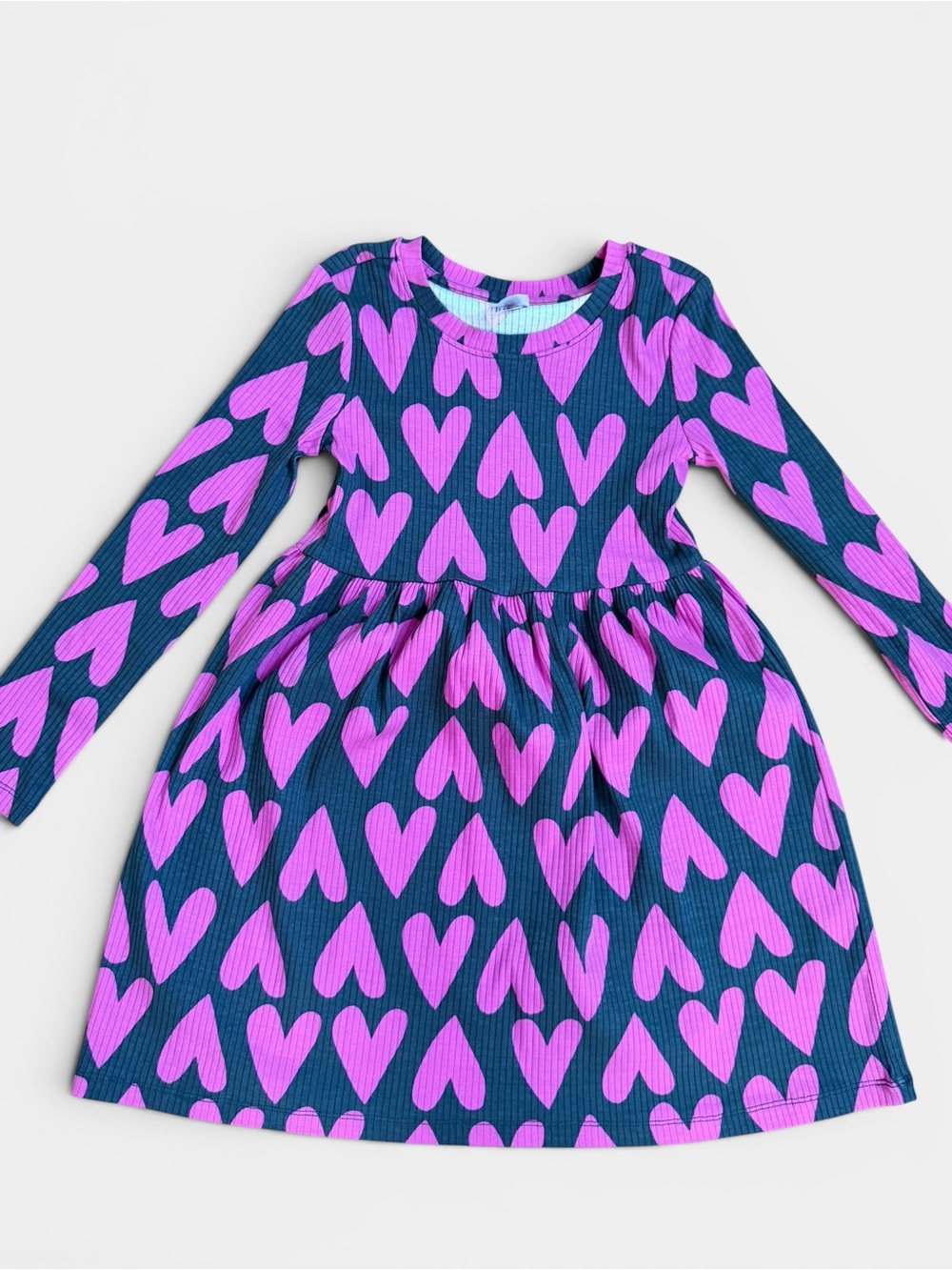 Hanna Andersson Girls Heart Print Rib Knit Dress Pink Blue Long Sleeve Size 8